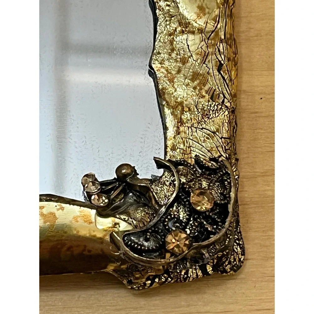 Signed Ettie Artisan Mirror Gold Leaf‎ Smoky Topaz Crystals Vanity Compact